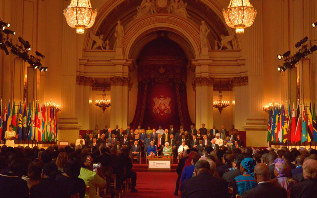 Heads of Government at Buckingham Palace for the formal opening of the Commonwealth meeting.
