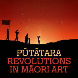 Silhouetted figures, including a flag bearer and a young person sounding a pūtātara (conch shell trumpet), walk along a ridge against a deep red sunset. The title reads: “Pūtātara: Revolutions in Māori Art” in golden yellow and red.