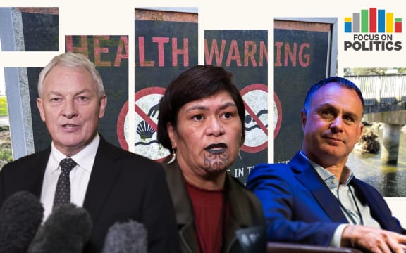 Focus on Politics branded graphic showing Auckland mayor Phil Goff, Local Government Minister Nanaia Mahuta, and Local Government spokesperson for National Simon Watts.