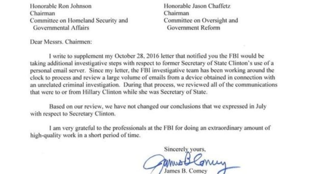 James Comey has today written to Congress to report nothing illegal had been found in the further investigation of Hilary Clinton's emails.