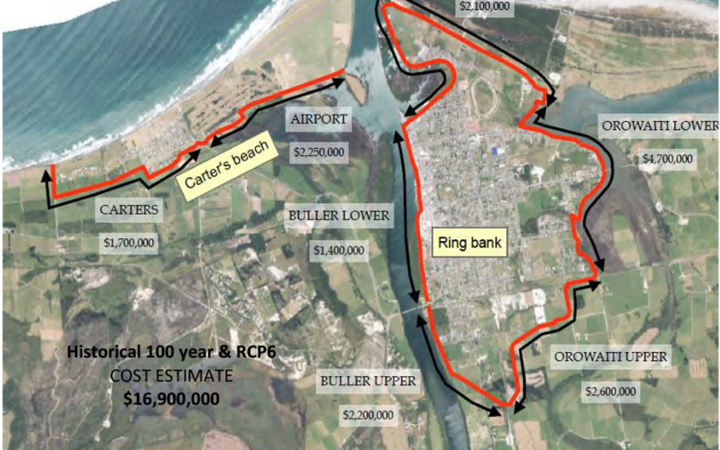 Proposed option two for a Westport flood protection scheme to encircle the town.