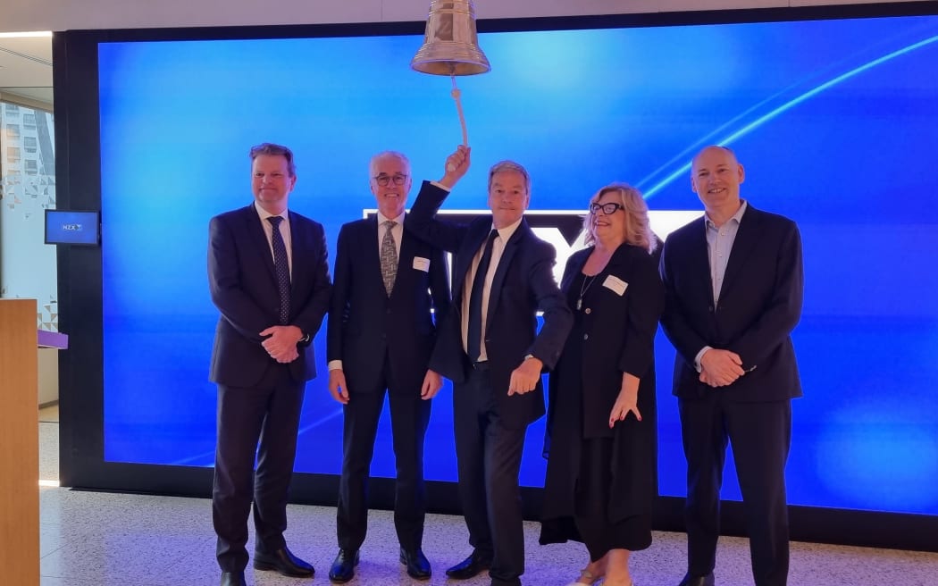 NZX chief executive Mark Peterson, NZX chair John McMahon,  MP Andrew Bayly, NZX deputy chair Dame Paula Rebstock and business leader Martin Stearne