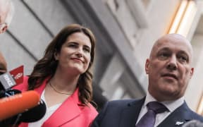 Incoming Prime Minister Christopher Luxon and National deputy leader Nicola Willis speaking to reporters at Parliament.