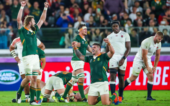 2019 Rugby World Cup Final, International Stadium Yokohama, Yokohama, Japan 2/11/2019
England vs South Africa
South Africa's RG Snyman and Malcolm Marx celebrate as England's Maro Itoje looks on dejected