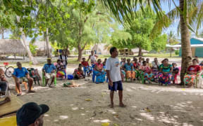 A community leader making a point during the consultations on climate change impacts on Tasman Island, Bougainville.