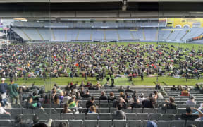 Rugby World Cup final watched by fans at Eden park at Paris in the Park event.