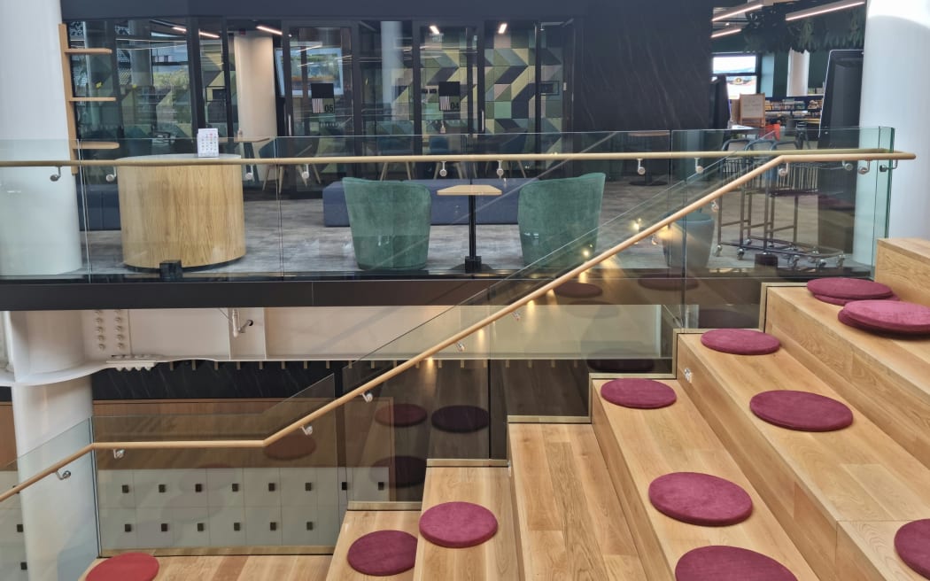 The stairwell in the library is also a seating feature.