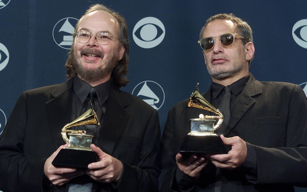 Walter Becker and Donald Fagen accept Grammy awards for Steely Dan's Two Against Nature album, which won both best album and best pop vocal album in 2001.