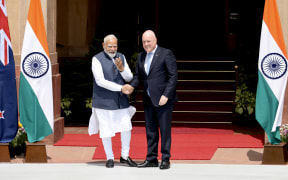 Christopher Luxon is welcomed by Indian PM Narendra Modi at Hyderabad House before bilateral talks in New Delhi.