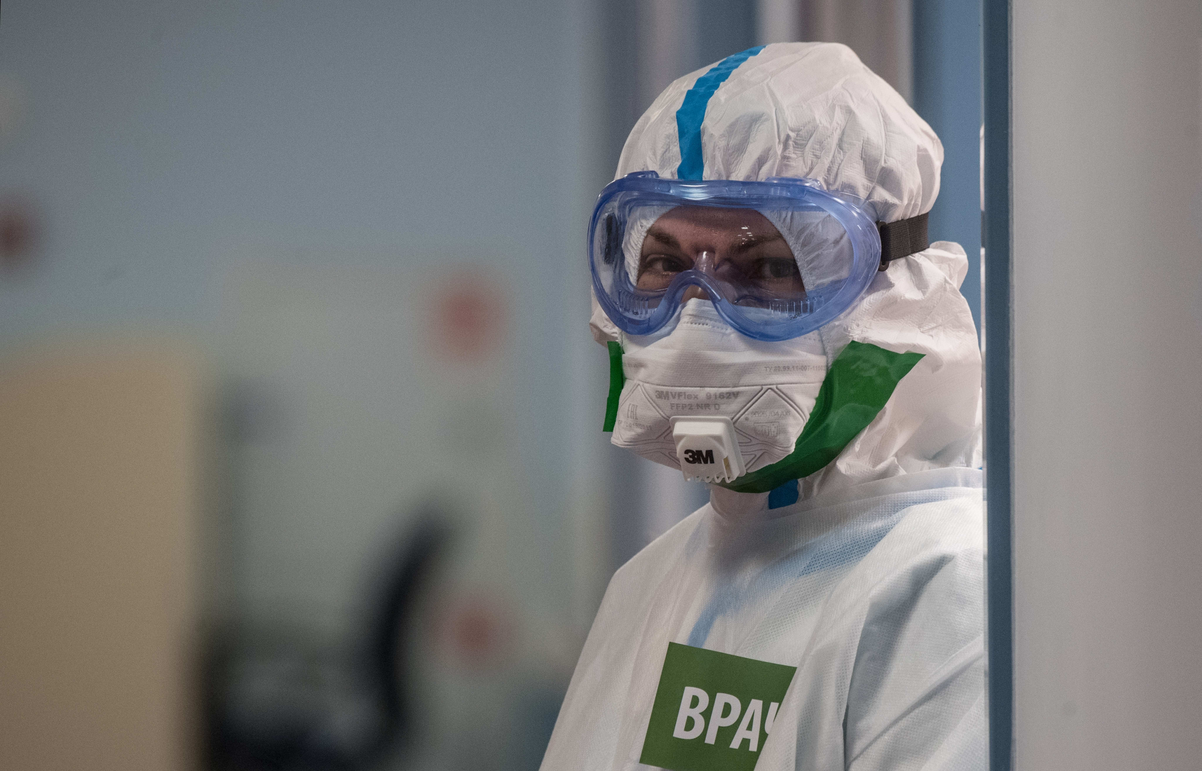 A medical worker in the intensive care unit at the National Medical Research Center of Endocrinology, Russia.