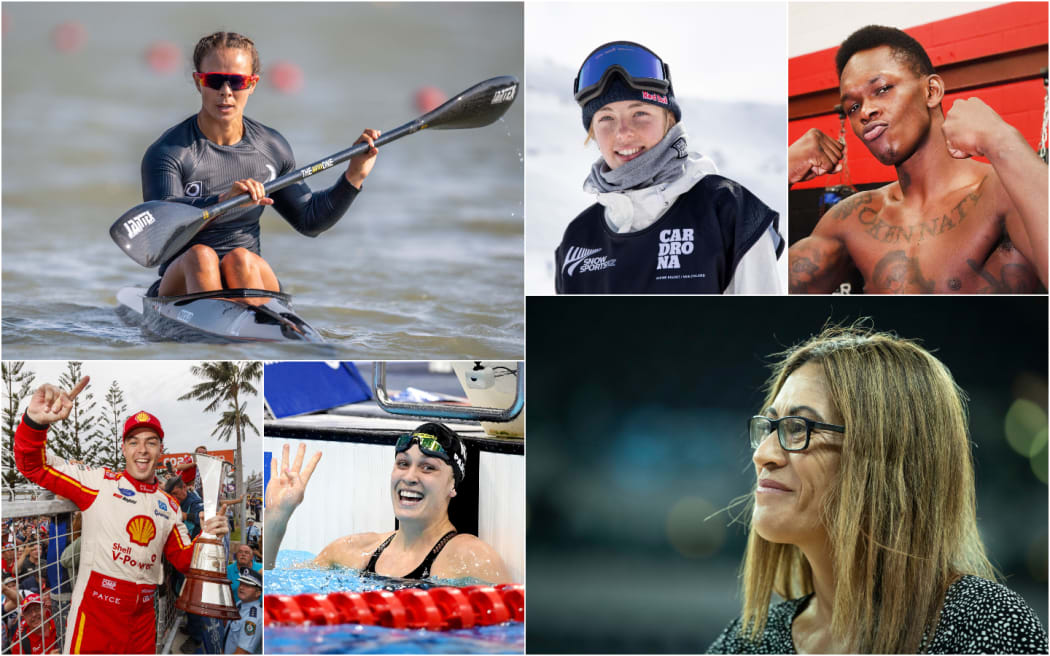 Top Left to Bottom Right: Lisa Carrington, Scott McLaughlin, Sophie Pascoe, Zoi Sadowski-Synnott, Israel Adesanya and Noeline Taurua.