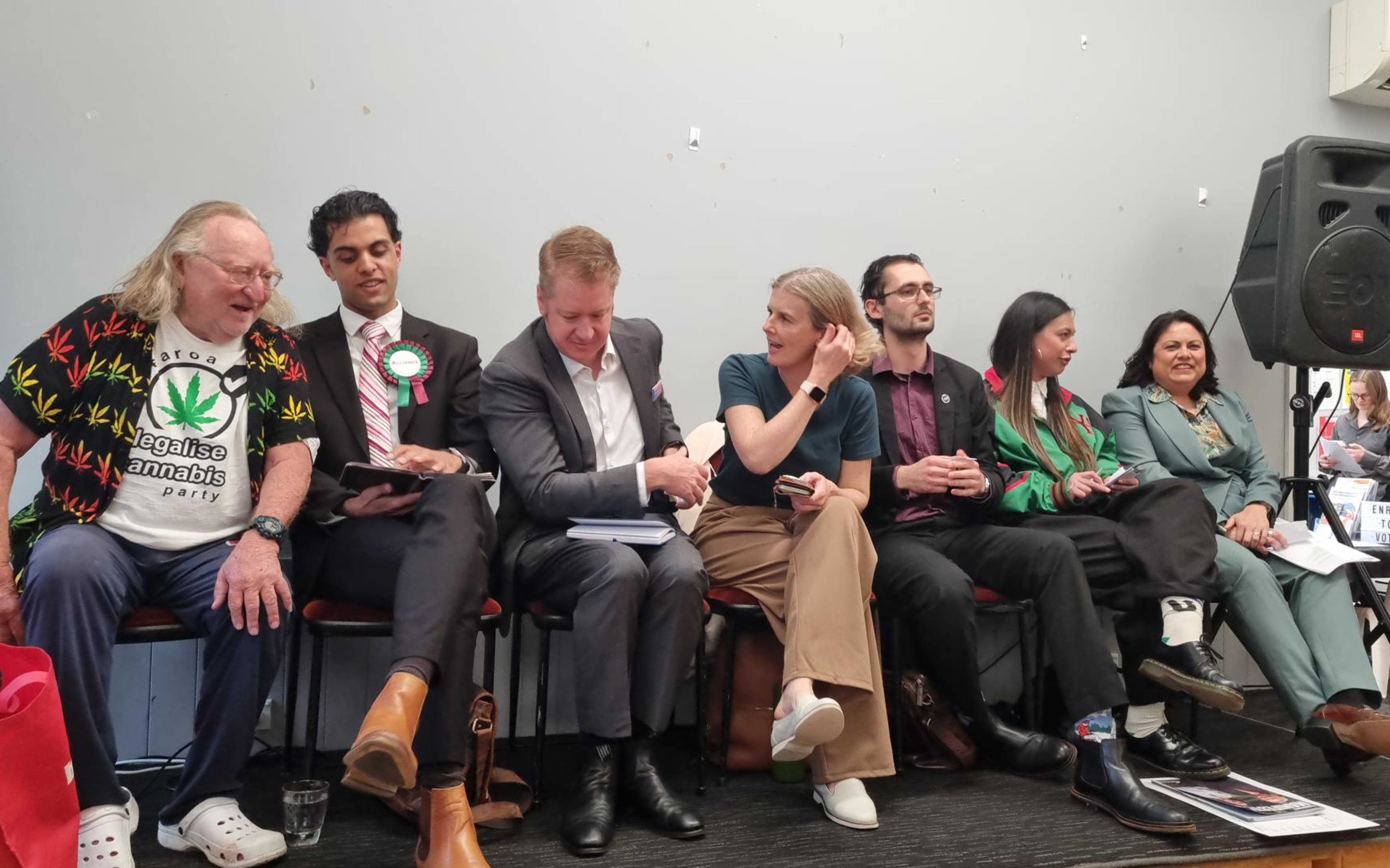 From Left: Michael Appleby (Legalise Cannabis Party), Josh  Harford (Alliance), Matthew Hague (ACT), Jessica Hammond (Opportunity), Taylor Arneil (NZ First), Ta