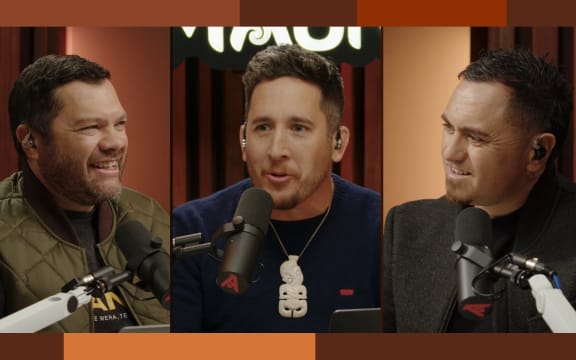 A split-screen of the three Whakamāori 3 episode one hosts. They are all sitting in a brown-coloured studio, in front of microphones.
