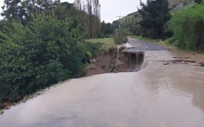 A damaged road in Dartmoor, north-west of Napier after Cyclone Gabrielle.