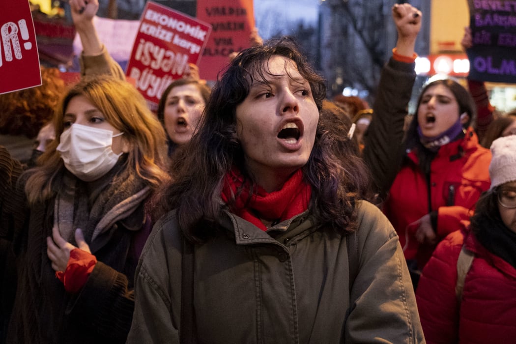 Women gathered for international women's day in Istanbul, Turkey.