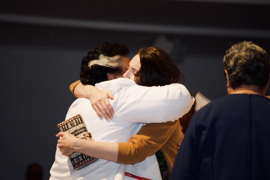 Prime Minister Jacinda Ardern is embraced by Rev Setaita Taumoepeau K Veikune, MNZM.