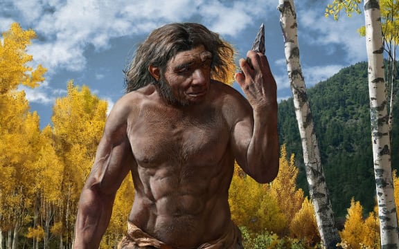 A handout photo obtained on June 25, 2021 from EurekAlert! shows a reconstruction of Dragon Man in his habitat.
