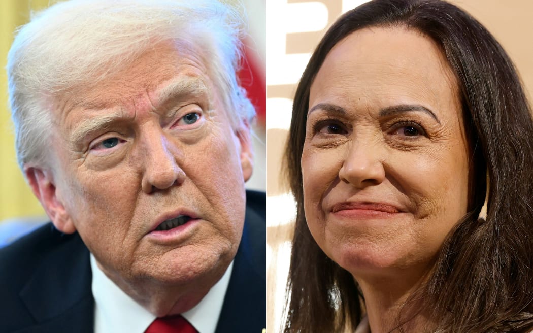 This combination of pictures created on January 14, 2026 shows US President Donald Trump at the White House in Washington, DC, on March 26, 2025 and Nobel peace laureate Maria Corina Machado in Oslo, Norway, on December 11, 2025.