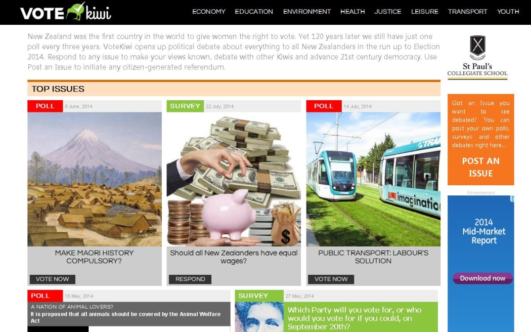 The Vote Kiwi website lets students give opinions, initiate debate and vote in polls.