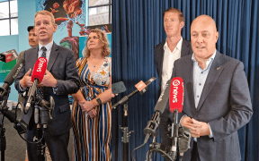 Labour leader Chris Hipkins (left) and National leader Christopher Luxon (right) on their respective election campaigns in Tauranga on Thursday.