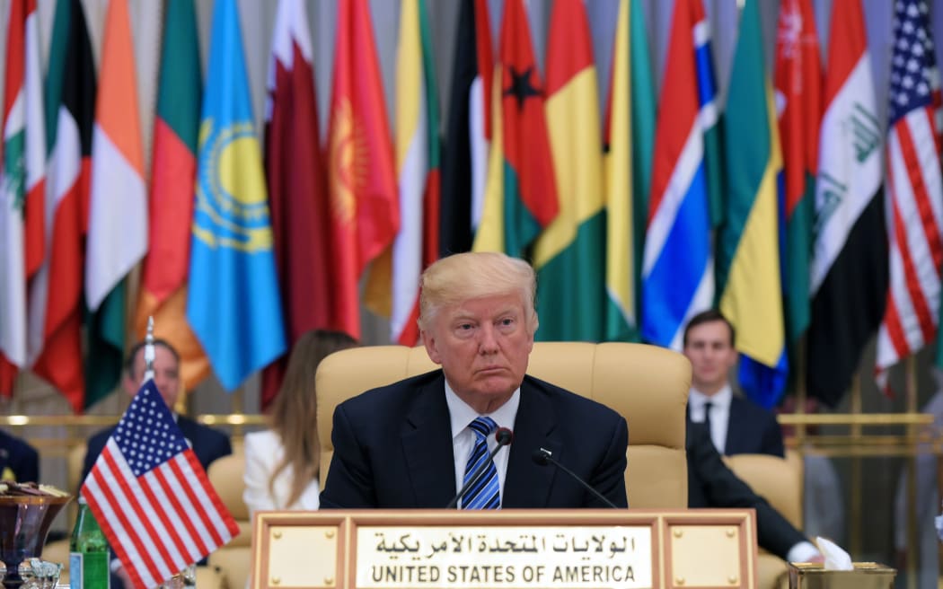 US President Donald Trump is seated during the Arab Islamic American Summit at the King Abdulaziz Conference Center in Riyadh on May 21, 2017.