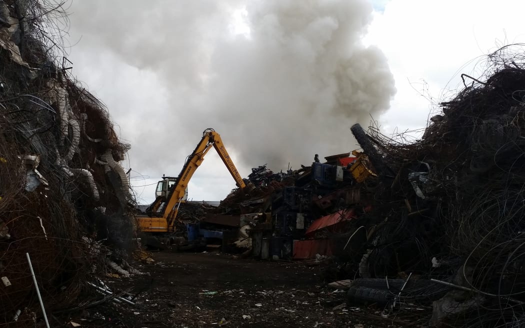The fire at the scrap metal yard in Favona, as seen from the end of Kiwi Street.