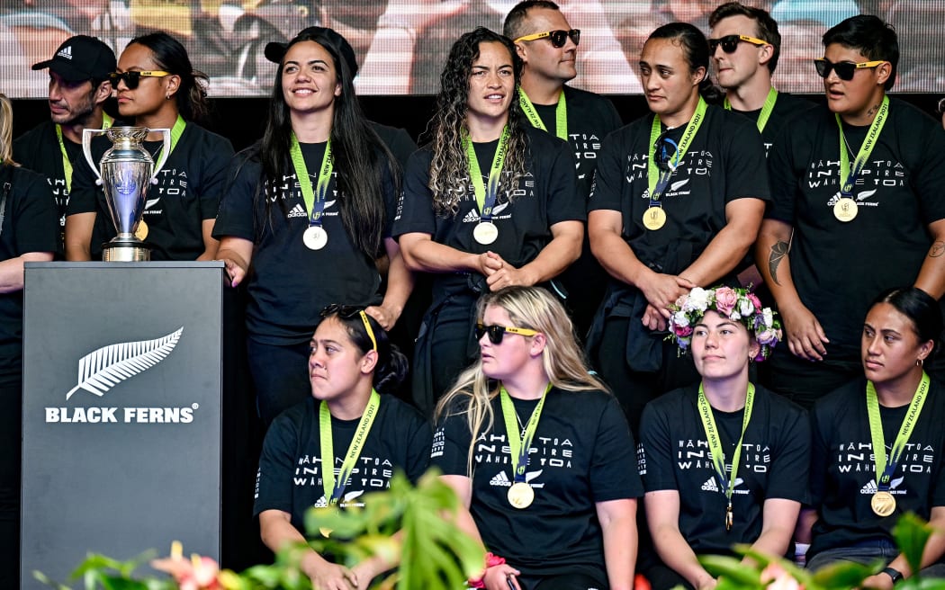 Black Ferns on stage at Te Komititanga Square in Auckland to thank fans after their World Cup final win.