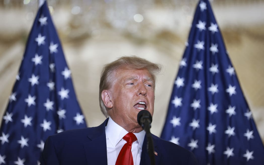 WEST PALM BEACH, FLORIDA - APRIL 04: Former U.S. President Donald Trump speaks during an event at the Mar-a-Lago Club April 4, 2023 in West Palm Beach, Florida. Trump pleaded not guilty in a Manhattan courtroom today to 34 counts related to money paid to adult film star Stormy Daniels in 2016, the first criminal charges for any former U.S. president.   Joe Raedle/Getty Images/AFP (Photo by JOE RAEDLE / GETTY IMAGES NORTH AMERICA / Getty Images via AFP)