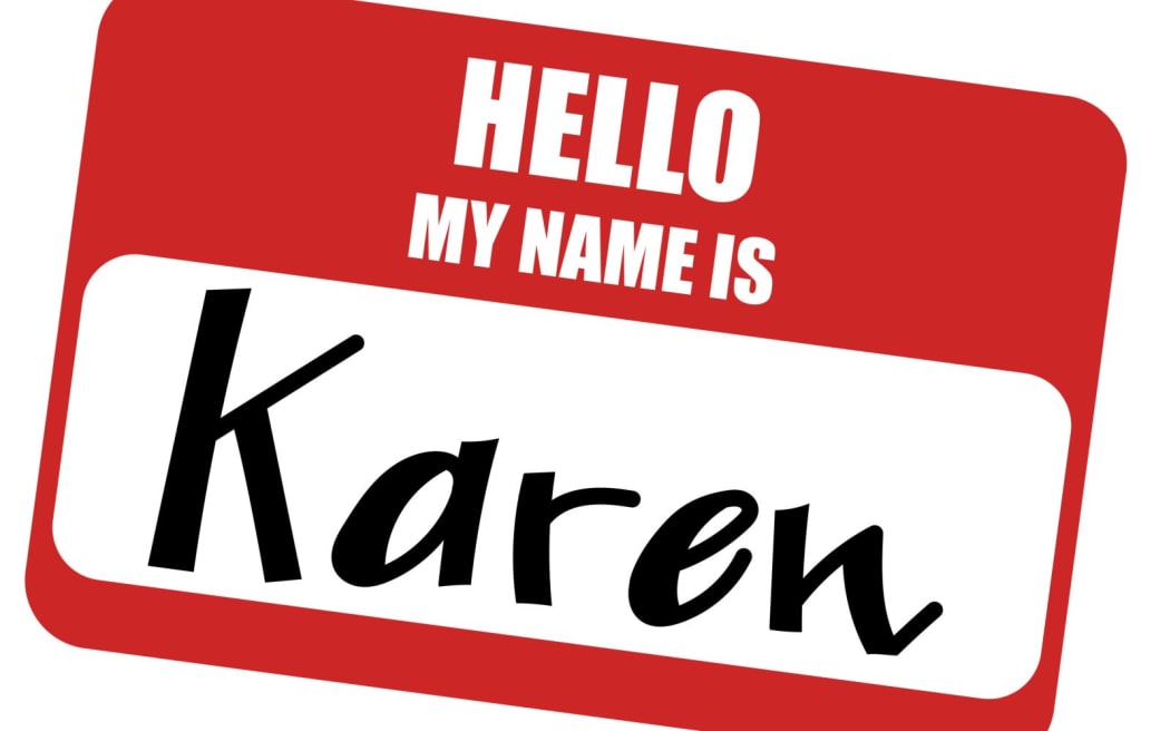 A name badge saying 'Hello, my name is Karen'.