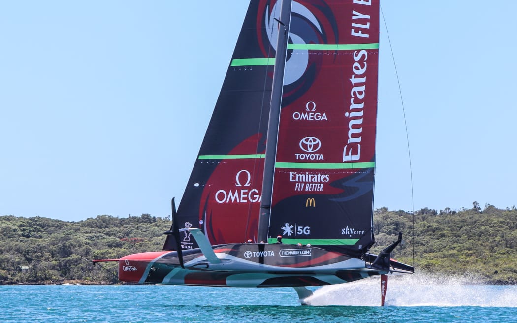 Team NZ trialling their new America's Cup boat Te Rehutai on the Waitemata Harbour, 2020.