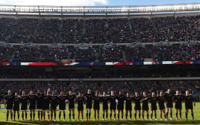 All Blacks lining up for the national anthem at Soldier Field, Chicago.