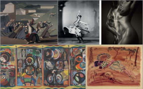 Images clockwise from top left: Winifred Knights, The Deluge 1920; Sam Hood, Sono Osato from Ballet Russes; Clifton Firth, Freda Stark 1947; Frances Hodgkins, Under the Pines 1931; Eileen Agar, The Autobiography of an Embryo 1933 - 34.