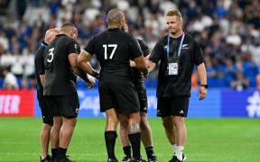 Sam Cane shakes hands with Ofa Tu’ungafasi after the All Blacks loss to France, Rugby World Cup France 2023.