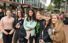 These Year 9 students in Wellington said they supported their teachers' strike today. Jazz Faisander (left), Holly Bowman, Stella Maiden, Lola Crocker, Ashley McClay, Catie Peach.