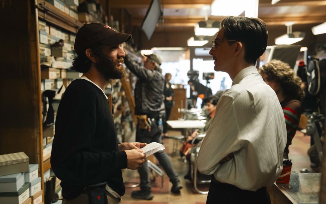 Josh Safdie and Timothée Chalamet on the set of Marty Supreme.