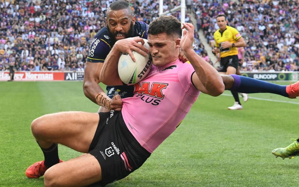 Melbourne's Josh Ado-Carr tackles Penrith's Nathan Cleary