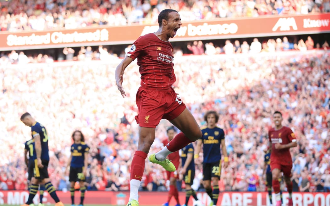 24th August 2019 - Premier League - Liverpool v Arsenal - Joel Matip of Liverpool celebrates after scoring their 1st goal - Photo: Simon Stacpoole / Offside / www.photosport.nz.