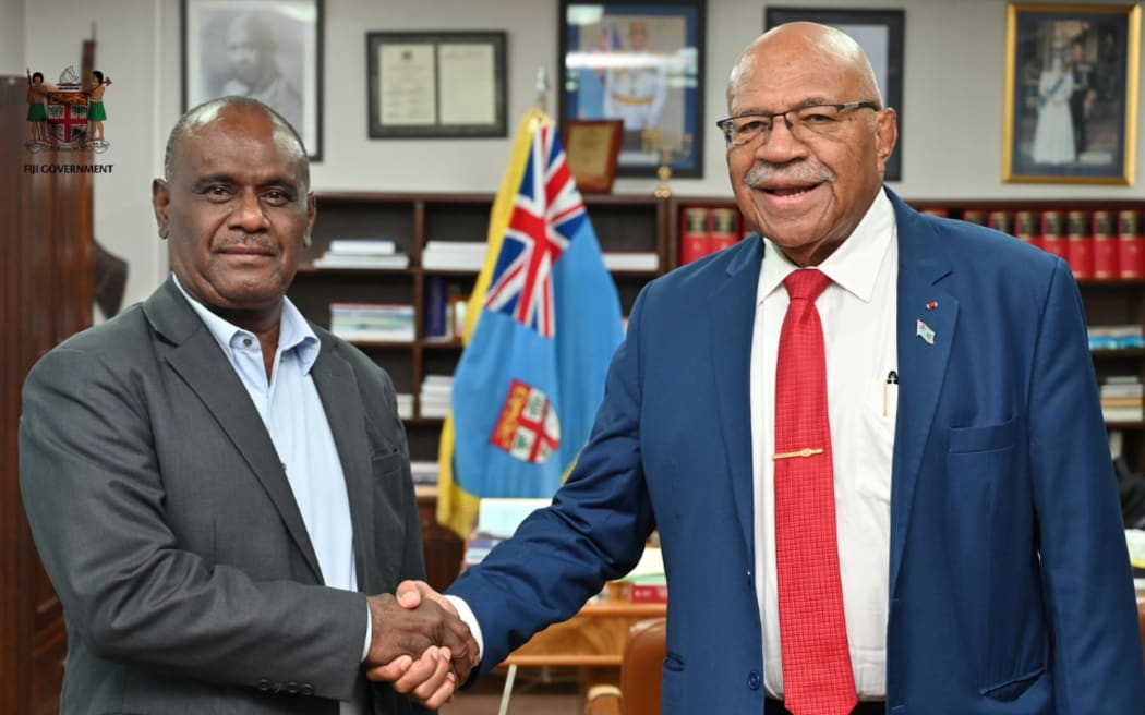 Fijain Prime Minister Sitiveni Rabuka and Solomon Islands Prime Minister Jeremiah Manele in Suva. June 2025