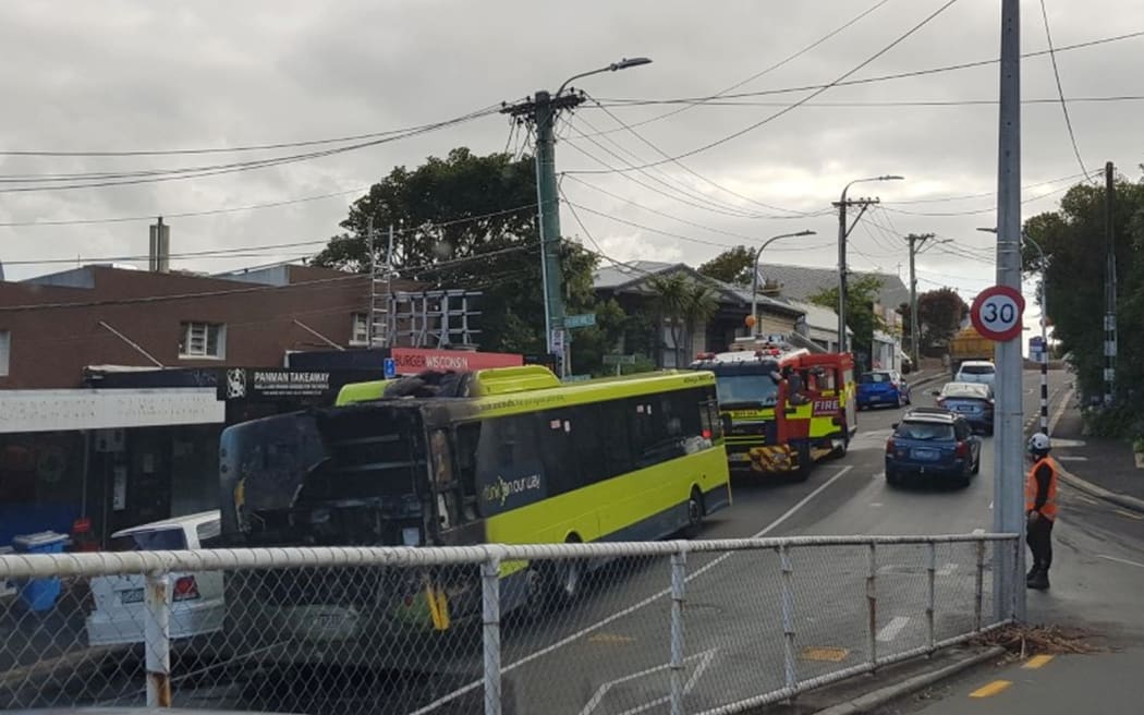 A bus that caught fire in Wadestown, Wellington.