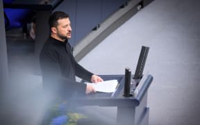 11 June 2024, Berlin: Volodymyr Zelensky, President of Ukraine, gives a speech in the German Bundestag. Ukrainian President Selenskyj is in Berlin for the International Conference on the Reconstruction of Ukraine. It is his third visit to Berlin since the Russian invasion more than two years ago. Photo: Bernd von Jutrczenka/dpa (Photo by BERND VON JUTRCZENKA / DPA / dpa Picture-Alliance via AFP)