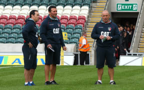 Leicester Tigers coaching staff from left Scott Hansen, Aaron Mauger and Richard Cockerill.