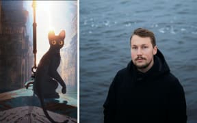 A composite image showing the cat from Flow on the left, and Gints on the right. The cat is posed on the back of a boat that is passing through a canal. Gints is standing in front of a calm body of water, regarding the camera.