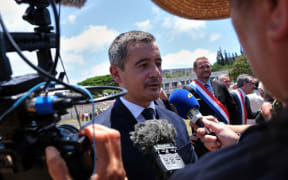 New Caledonia, Noumea, 2022-11-28. The Minister of the Interior and Overseas Territories Gerald Darmanin and the Minister Delegate in charge of Overseas Territories Jean Francois Carenco lay a wreath in Place Bir Hakeim in Noumea during their first joint official visit to New Caledonia. Photograph by Clotilde Richalet / Hans Lucas.
Nouvelle Caledonie, Noumea, 2022-11-28. Le Ministre de l Interieur et des Outre Mer Gerald Darmanin et le Ministre delegue charge des Outre Mer Jean Francois Carenco effectuent un depot de gerbe Place Bir Hakeim a Noumea lors de leur premier visite officielle conjointe en Nouvelle Caledonie. Photographie par Clotilde Richalet / Hans Lucas. (Photo by Clotilde Richalet / Hans Lucas / Hans Lucas via AFP)