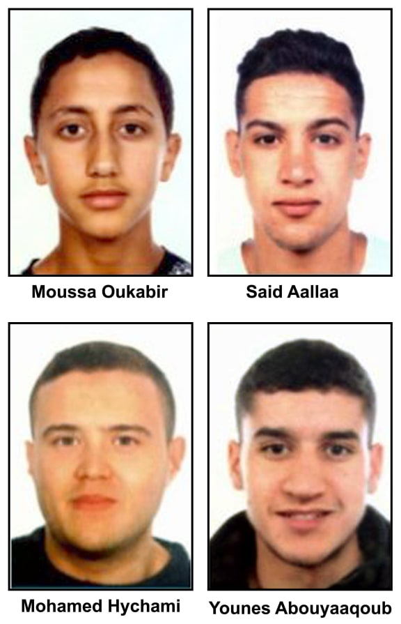 This photo released by the police shows four suspects of the Barcelona and Cambrils attacks. (From top left): Moussa Oukabir, Said Aalla, Mohamed Hychami and Younes Abouyaaqoub.