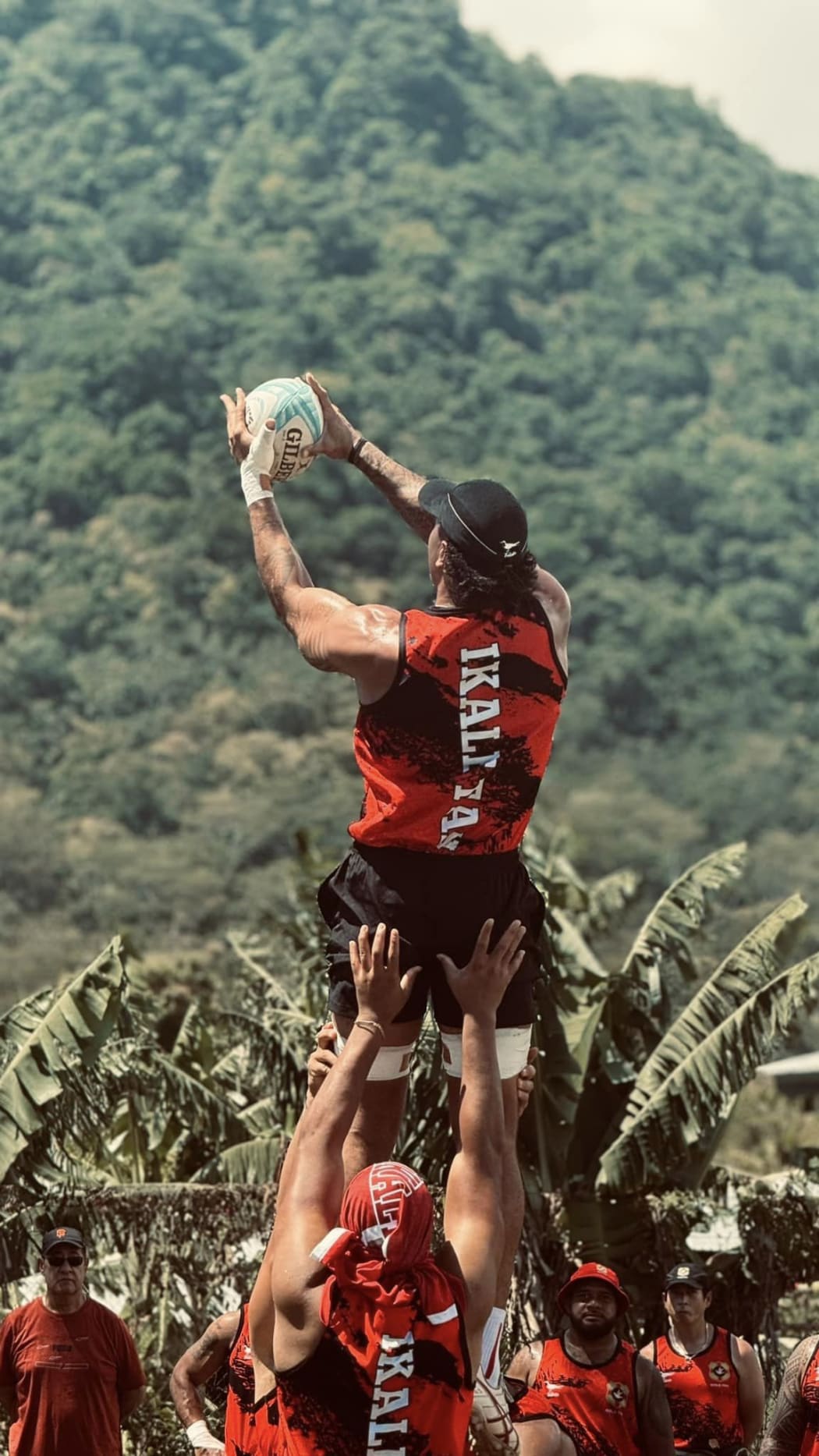 The 'Ikale Tahi forwards soaring into the skies in this lineout move as they prepare for Fiji. Photo: TRU