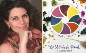 A composite image showing a photo of Joumana on the left and the cover of her book, "WILD INKS AND PAINTS - A SEASONAL PALETTE" on the right. Joumana smiles, wearing a colourful scarf. The book cover shows a colour wheel, dotted with wild flowers and berries.