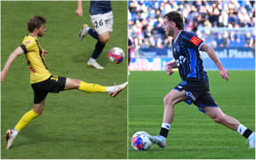 Wellington Phoenix captain Alex Rufer and Auckland FC's Lachlan Brook