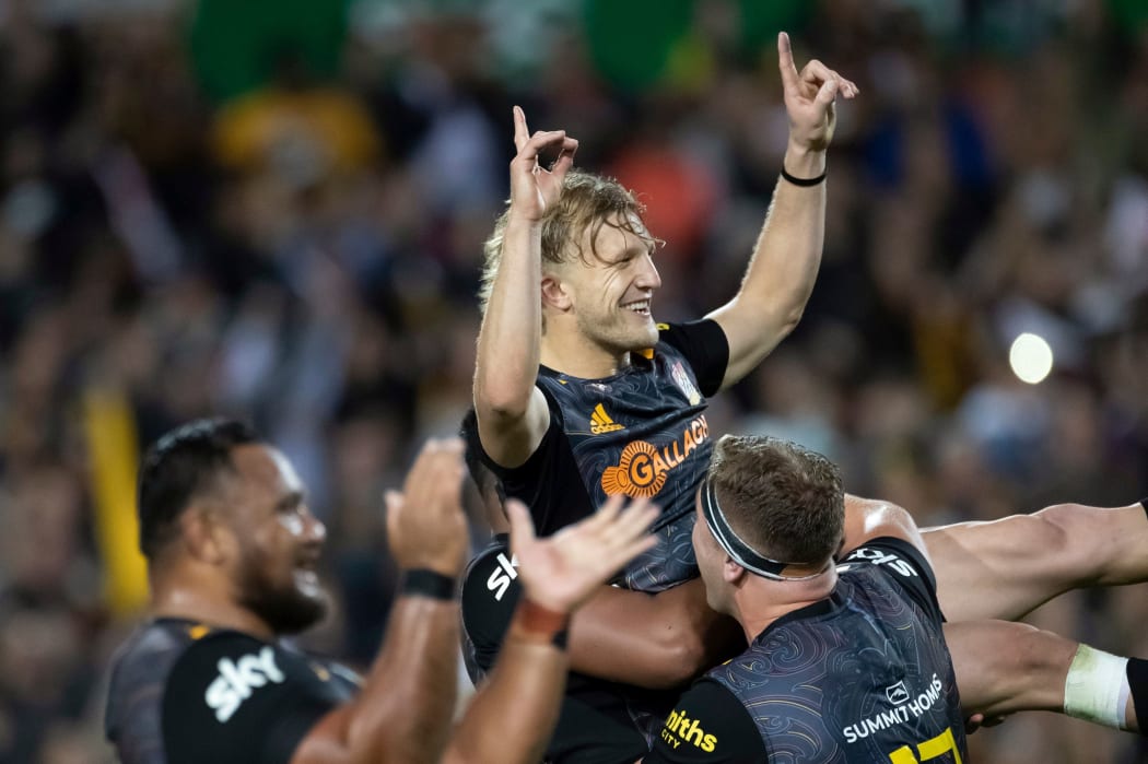 Damian McKenzie celebrates the match winning penalty.