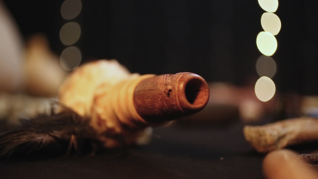 10062016 Photo: RNZ/Rebekah Parsons-King. Musician Alistair Fraser perfoms in studio using a variety of instruments. Pictured is a Putatara.