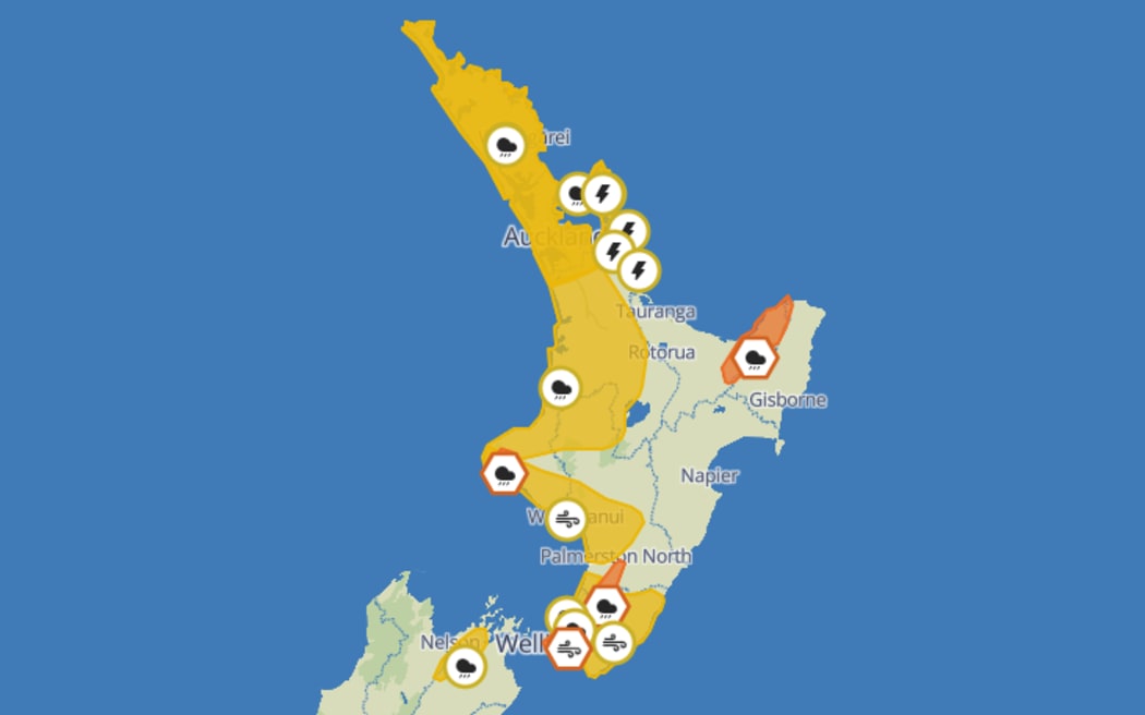 Weather alerts across the North Island on 18 May, 2025.